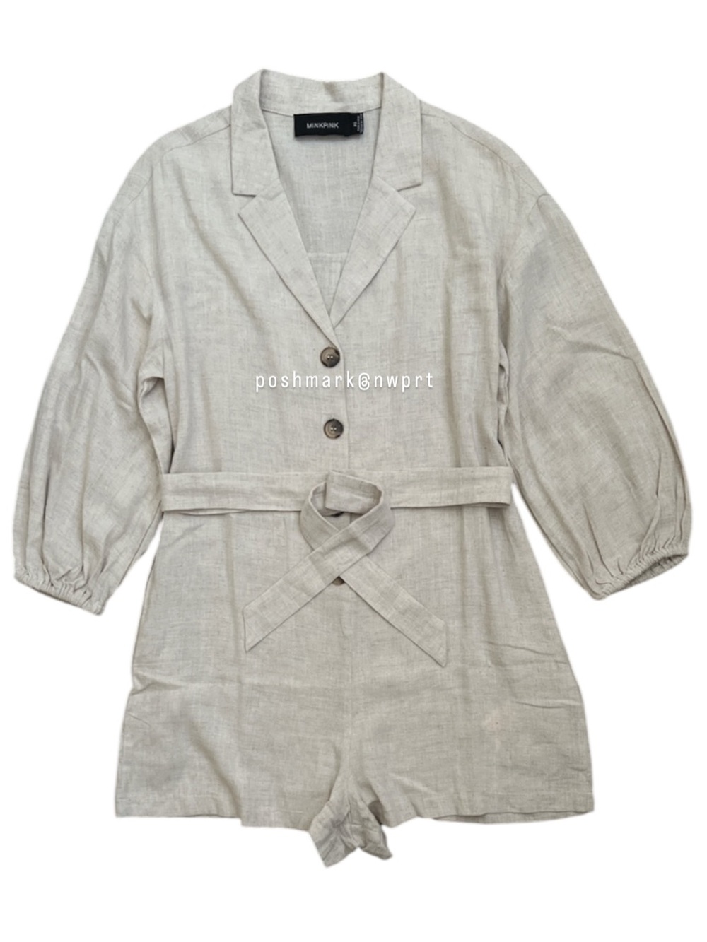 MINKPINK Alyssa Playsuit Linen Belted Romper Shorts Beige Khaki XS 0 2 Revolve - Picture 3 of 11